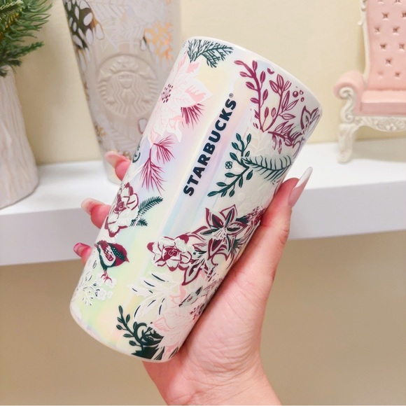 STARBUCKS Holiday 2020& 2021 NWT Ceramic Gold Pine Cone Tumbler Travel Mug 12oz - Picture 7 of 12